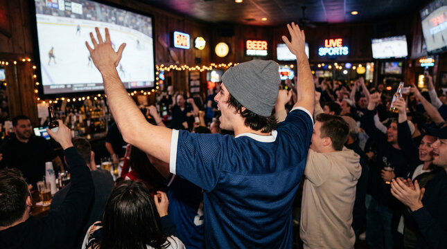 Unrecognizable passionate fan wearing a blank generic white sports jersey cheering enthusiastically in an energetic, dimly lit sports bar with blurred screens and bokeh background.