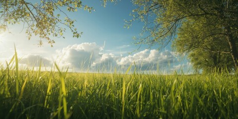 Obraz premium Summer travel scene with lush green grass and trees moving softly under a bright blue sky