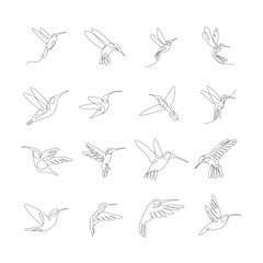 Fototapeta premium Continuous Line Art Collection of Flying Hummingbirds, Minimalist Hand-Drawn Design, Abstract Avian Illustrations Set