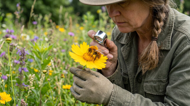 A botanist in work gloves and a khaki jacket uses a small magnifying lens to examine a furry bumblebee resting on a vivid yellow flower in a wildflower meadow, ideal for pollination science and enviro