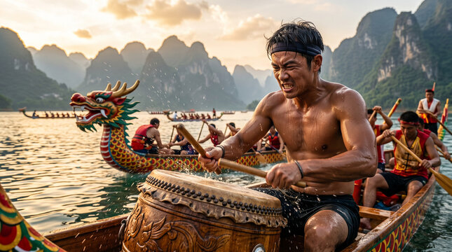 A shirtless athlete pounds a carved wooden drum at the prow of a decorated dragon boat as the team paddles hard across an open bay with karst mountains in the mist beyond.