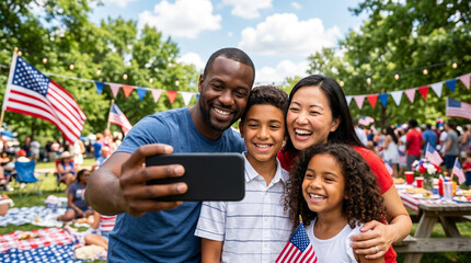 Fototapeta premium A smiling multiracial family poses for a selfie at a July Fourth park celebration with flags and bunting all around, capturing the spirit of American summer holidays.