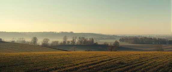 Obraz premium Rolling hills and fields under a clear sky at dawn