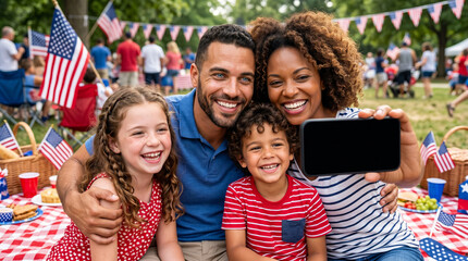 Fototapeta premium A diverse family of four smiles warmly while taking a selfie at a colorful Fourth of July park celebration with American flags and festive balloons in the background.