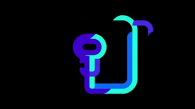 Neon gradient key icon assembly animation on black background. Glowing blue and purple parts join from right to form digital access.