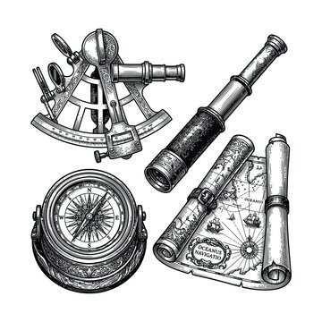 Nautical navigation tools set sextant telescope compass and map vector