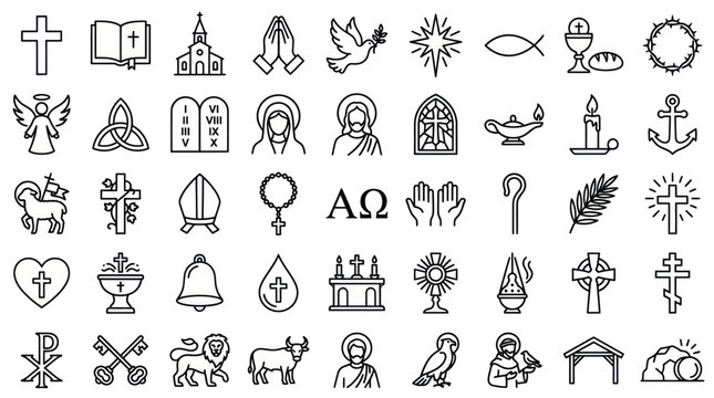Christian icons and catholic symbols line art pack.