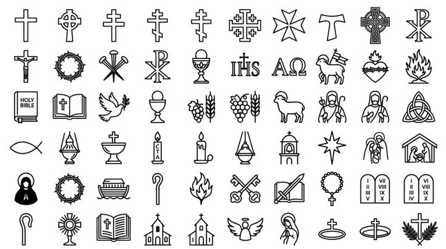 Christian religious icons and symbols line art set.