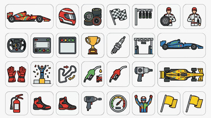 Naklejka premium Professional Flat Racing Icons Set Colorful Racing Car Driver Gear Tools and Track Equipment Illustrations