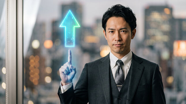 A professional man in a dark suit holds up one finger beneath a bright blue glowing upward arrow with city bokeh lights in the background, symbolizing financial achievement and business progress for e