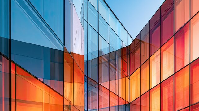 Colorful building facade with geometric glass panels