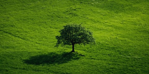 Obraz premium Solitary tree in the middle of a bright green natural grassland