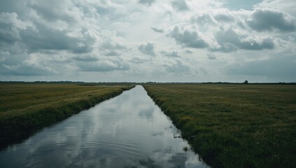Obraz premium Open field with a river coursing through it under a cloudy sky where water mirrors the surrounding clouds