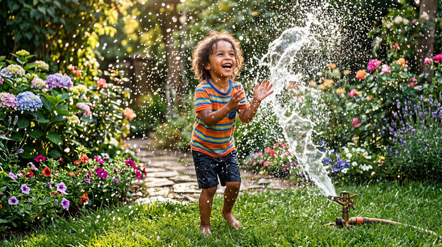 A gleeful toddler in a colorful striped shirt claps his hands as a garden sprinkler sends a huge arc of water droplets over him in a lush garden full of blooming flowers on a sunny day.