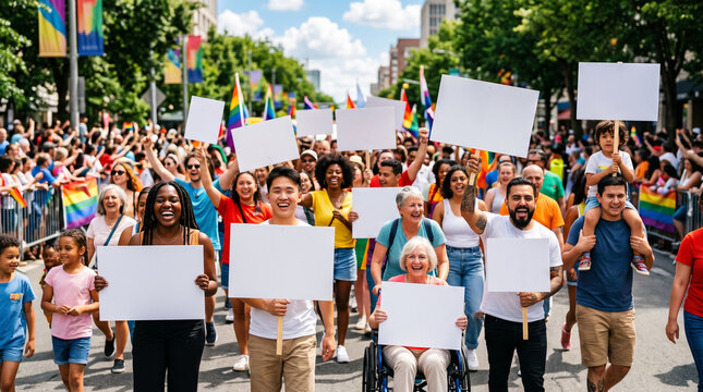 A joyful diverse crowd marching in a pride parade holding blank white signs and rainbow flags with a person in a wheelchair included, perfect for LGBTQ inclusion and community celebration content.