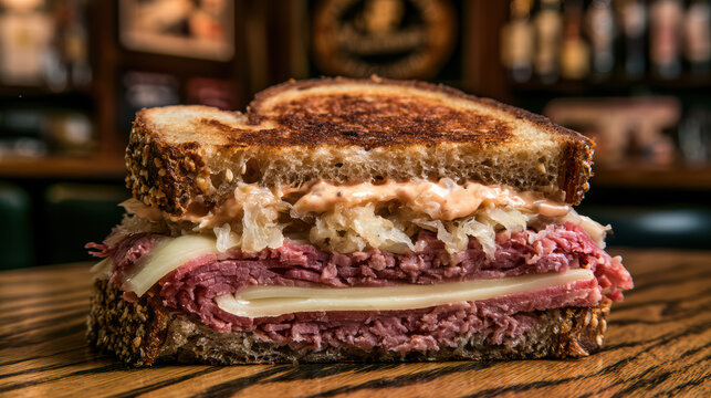 classic reuben sandwich food photography with warm corned beef