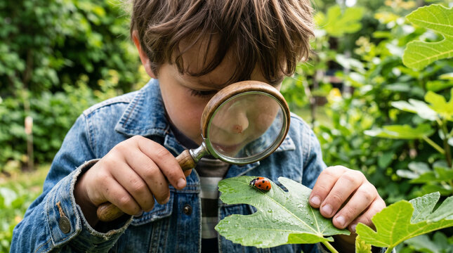 A child in a denim jacket closely examines a red ladybug on a green leaf through a classic magnifying glass in a lush garden, representing childhood curiosity and nature learning for educational and e