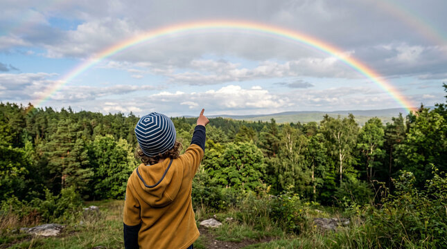 A child in a yellow jacket seen from behind points at a wide rainbow curving over a lush green forest canopy from a hilltop viewpoint under partly cloudy skies, an evocative image for nature and outdo