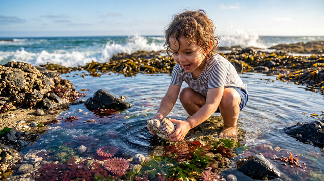 A delighted toddler in a striped t-shirt crouches among colorful sea anemones and seaweed in a crystal-clear tidal pool by the ocean, holding a seashell with waves crashing on rocks in the background.