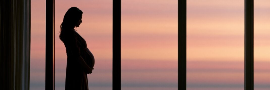A pregnant woman stands by a window watching the sunrise. The dawn sky is filled with warm colors, marking a new beginning.