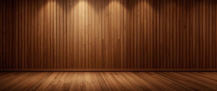 Interior background with warm toned wood flooring and vertical wooden wall panels