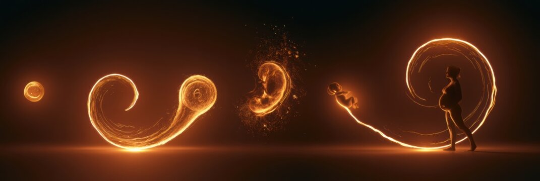 A glowing line depicts lifes journey from a cell on the left to a pregnant figure on the right against a dark background.