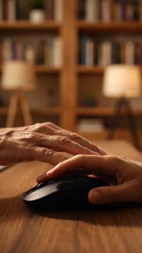 Elderly and young hands sharing a computer mouse.