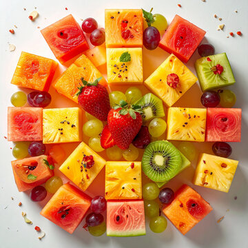 Dados de frutas frescas con sand&iacute;a, mel&oacute;n, pi&ntilde;a, kiwi, uvas y fresas en composici&oacute;n cenital colorida para aperitivos de verano nutrici&oacute;n infantil y alimentaci&oacute;n saludable
