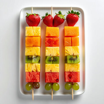 Brochetas de frutas frescas con sand&iacute;a, mel&oacute;n, pi&ntilde;a, kiwi, uvas y fresas sobre bandeja blanca en composici&oacute;n cenital colorida para aperitivos de verano nutrici&oacute;n infantil y alimentaci&oacute;n saludable