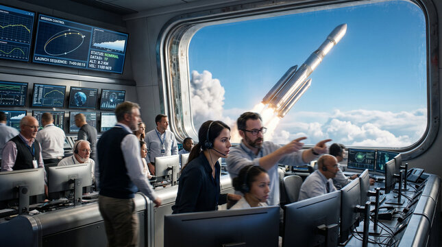 Mission control personnel gesture and communicate urgently as a rocket climbs through clouds outside large windows of a high-tech monitoring station, ideal for space operations and tech themes.