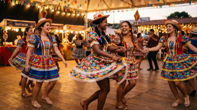 A group of women in colorful Festa Junina dresses and straw hats dance on a wooden outdoor stage at a lively Brazilian June festival, ideal for cultural event promotion.