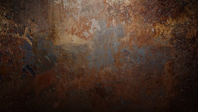 Rusty metallic background with layered grunge texture and high key lighting copy space
