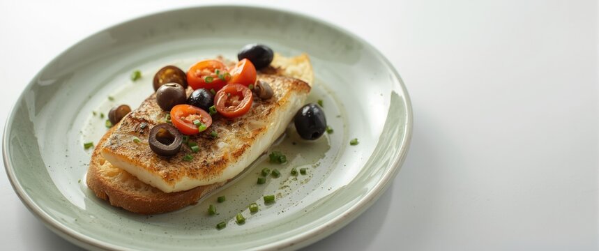 Grilled fish topped with olives and cherry tomatoes on plate