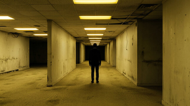 A solitary figure stands motionless at the end of a long decaying fluorescent corridor, capturing the eerie isolation of liminal backrooms aesthetics.