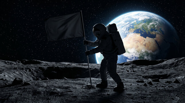 An astronaut plants a blank flag on the lunar surface with Earth glowing majestically in the starry background, ideal for space exploration and achievement concepts.