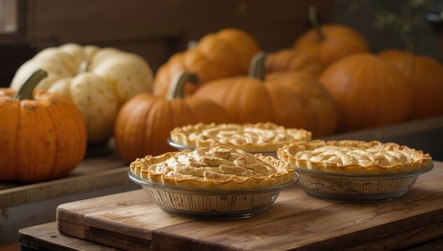 Illustrated home cooking activity with pies crafted on wooden board against a display of pumpkins in the background
