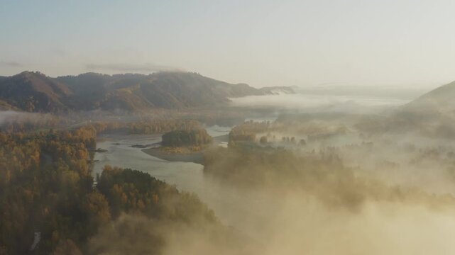Aerial view of a misty river valley with forest and mountain ridges at sunrise. Soft morning fog drifts above trees and water, creating a peaceful natural landscape with atmospheric light and scenic