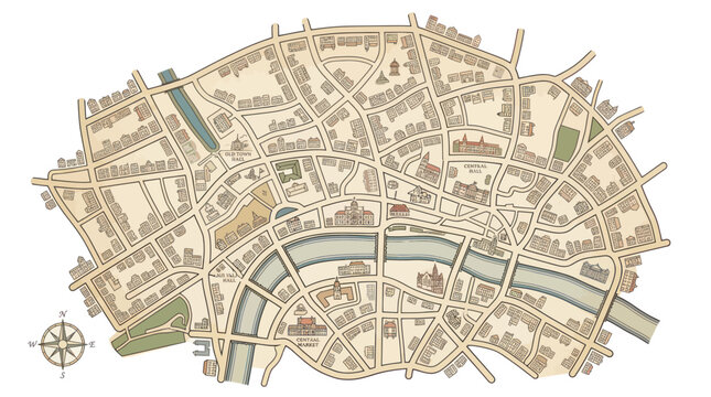 Vintage hand drawn city map featuring streets river and compass rose