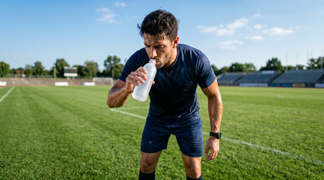 A sweaty male footballer leans forward on the pitch catching his breath and drinking from a plain white water bottle under a bright blue sky.
