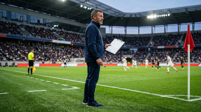 A football coach in training attire holds a blank clipboard and observes training from the touchline of a modern grass pitch with a stadium in the background.