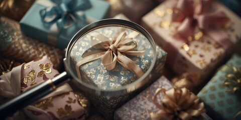 Fototapeta premium Zoomed magnifying glass on a decorated gift box among assorted wrapped packages symbolizing precise gift choice and consumer focus