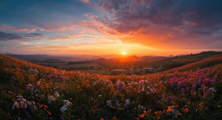 Obraz premium Panoramic view of vibrant cosmic flowers blooming on green hill fields at sunrise
