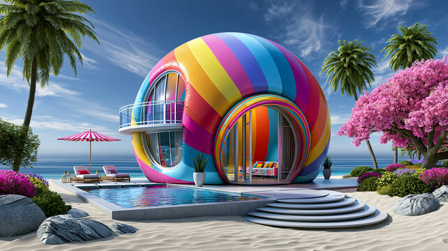 Villa luxueuse surr&eacute;aliste en forme de ballon de plage aux couleurs vives, situ&eacute;e en bord de mer sous un ciel bleu estival. Un paysage c&ocirc;tier amusant et insolite
