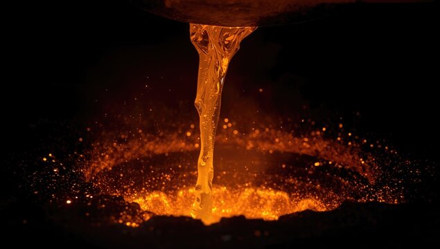 Liquid metal flowing with bright fiery heat into an open muffle furnace