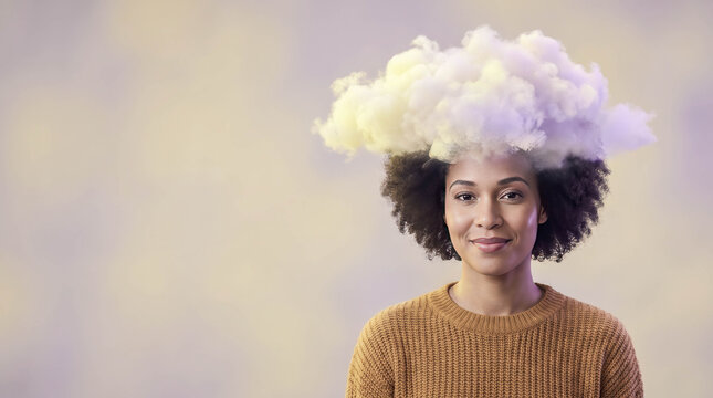 Woman smiles softly, cloud floats above her head. Warm tones frame her gentle, serene expression. Cloudy whimsy suggests creativity or imagination. Ideal for branding, inspiration, or wellness themes