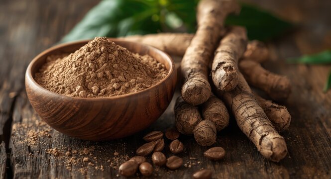 powdered maca root in wooden bowl with fresh maca roots on rustic wood surface