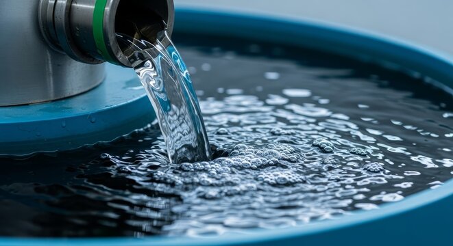 Clear liquid streams into a blue basin, creating ripples and bubbles with a refreshing splash