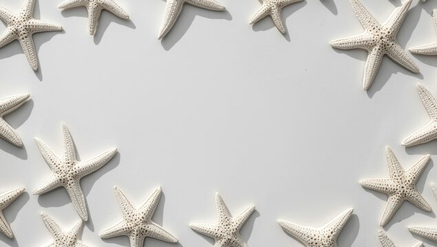 Starfish arranged in a circle on a white background