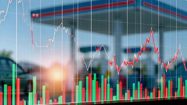 Charts of the stock market with a background gas station. idea of fuel prices.