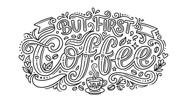 Detailed hand lettered But First Coffee decorative typography art.